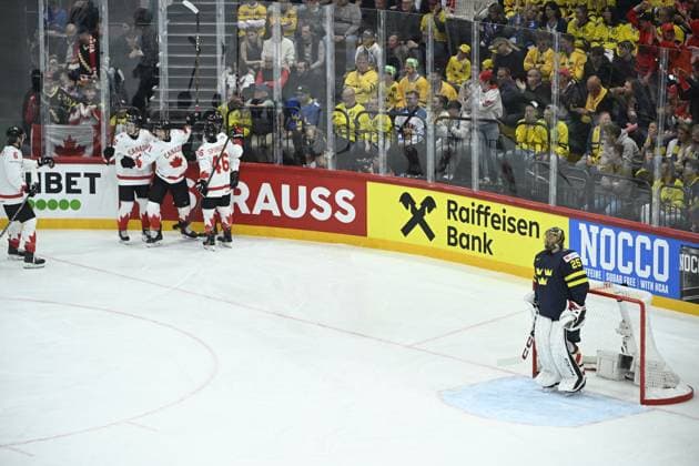 STOCKHOLM, SWEDEN 20250520 Canadas Tyson Foerster celebrates his 1 2 goal with team mates during the IIHF Ice Hockey World Championship group A match between Sweden and Canada at Avicii Arena in Stockholm, Sweden, on May 20, 2025 STOCKHOLM SWEDEN x10080x  Copyright: xFredrikxSandberg TTx ICE HOCKEY WC SWEDEN-CANADA