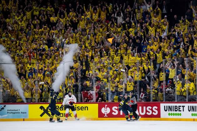 250520 Mikael Backlund and Elias Lindholm of Sweden celebrate after 1 1 during the 2025 IIHF Ice Hockey World Championship group stage game between Sweden and Canada on May 20, 2025 in Stockholm Photo Joel Marklund BILDBYRAN kod JM JM0689 ishockey ice hockey ishockey vm 2025 vm 2025 iihf world championship sverige sweden kanada canada bbeng gruppspel jubel  Copyright: JOELxMARKLUND BB250520JM017
