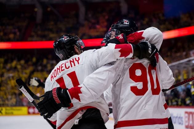250520 Travis Konecny and Ryan O Reilly of Canada celebrate after 1 3 during the 2025 IIHF Ice Hockey World Championship group stage game between Sweden and Canada on May 20, 2025 in Stockholm Photo Joel Marklund BILDBYRAN kod JM JM0689 ishockey ice hockey ishockey vm 2025 vm 2025 iihf world championship sverige sweden kanada canada bbeng gruppspel jubel  Copyright: JOELxMARKLUND BB250520JM018