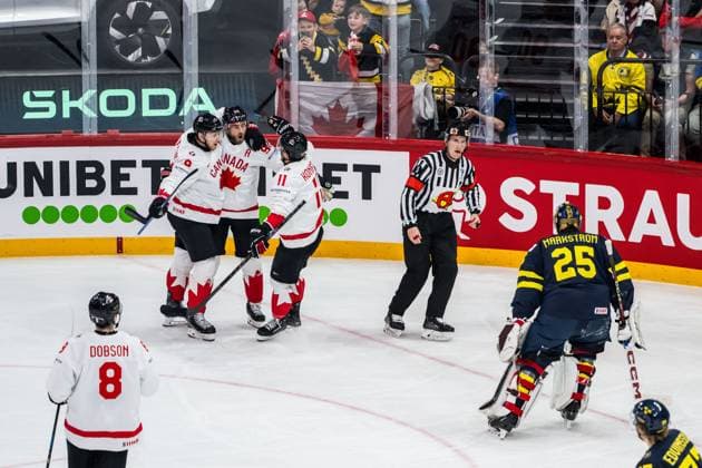 250520 Nathan MacKinnon, Ryan O Reilly and Travis Konecny of Canada celebrate and goaltender Jacob Markström of Sweden reacts after 1 3 during the 2025 IIHF Ice Hockey World Championship group stage game between Sweden and Canada on May 20, 2025 in Stockholm Photo Simon Hastegard BILDBYRAN kod SH JM0689 ishockey ice hockey ishockey vm 2025 vm 2025 iihf world championship sverige sweden kanada canada bbeng gruppspel jubel  Copyright: SIMONxHASTEGARD BB250520SH010