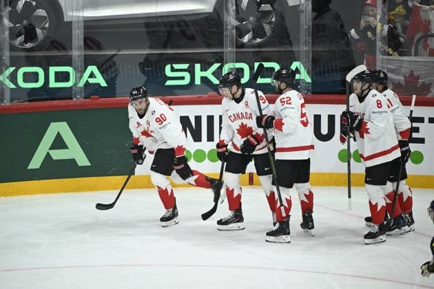 STOCKHOLM, SWEDEN 20250520 Canadas Ryan O Reilly 90 celebrates his 1 3 goal with team mates during the IIHF Ice Hockey World Championship group A match between Sweden and Canada at Avicii Arena in Stockholm, Sweden, on May 20, 2025 STOCKHOLM SWEDEN x10080x  Copyright: xFredrikxSandberg TTx ICE HOCKEY WC SWEDEN-CANADA