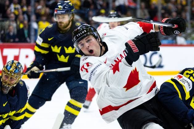 Ice hockey, Eishockey - IIHF WC 2025 STOCKHOLM,SWEDEN,20.MAY.25 - ICE HOCKEY - IIHF Ice Hockey World Championship, WM, Weltmeisterschaft 2025, group stage, Sweden vs Canada. Image shows the rejoicing of Tyson Foerster (CAN).  GEPAxpictures xMaticxKlansek