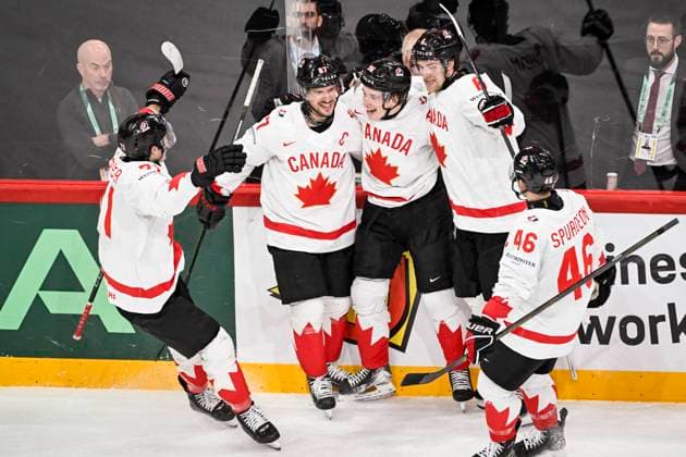 STOCKHOLM, SWEDEN 20250520 Canadas Macklin Celebrini 96, C celebrates with teammates after scoring during the IIHF Ice Hockey World Championship group A match between Sweden and Canada at Avicii Arena in Stockholm, Sweden, on May 20, 2025 STOCKHOLM SWEDEN x10080x  Copyright: xFredrikxSandberg TTx ICE HOCKEY WC SWEDEN-CANADA