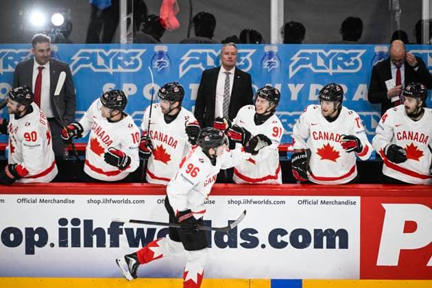 STOCKHOLM, SWEDEN 20250520 Canadas Macklin Celebrini 96, C celebrates with teammates after scoring during the IIHF Ice Hockey World Championship group A match between Sweden and Canada at Avicii Arena in Stockholm, Sweden, on May 20, 2025 STOCKHOLM SWEDEN x10080x  Copyright: xFredrikxSandberg TTx ICE HOCKEY WC SWEDEN-CANADA
