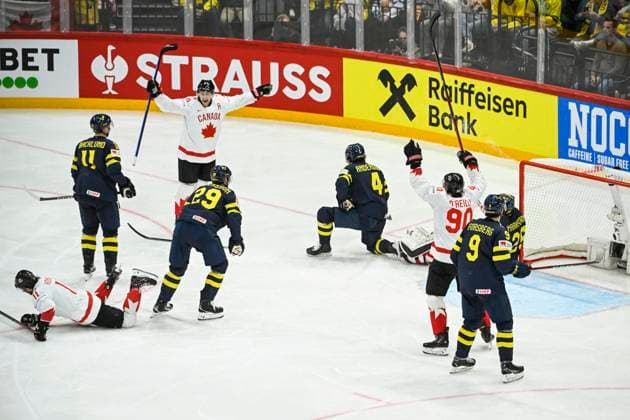 STOCKHOLM, SWEDEN 20250520 Canadas Nate MacKinnon 9 celebrates scoring during the IIHF Ice Hockey World Championship group A match between Sweden and Canada at Avicii Arena in Stockholm, Sweden, on May 20, 2025 STOCKHOLM SWEDEN x10080x  Copyright: xFredrikxSandberg TTx ICE HOCKEY WC SWEDEN-CANADA