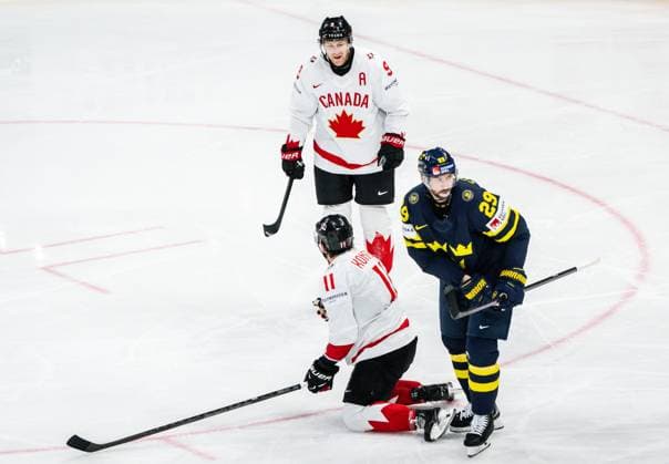 250520 Nathan MacKinnon and Travis Konecny of Canada celebrate the 2 4 goal during the 2025 IIHF Ice Hockey World Championship group stage game between Sweden and Canada on May 20, 2025 in Stockholm Photo Simon Hastegard BILDBYRAN kod SH JM0689 ishockey ice hockey ishockey vm 2025 vm 2025 iihf world championship sverige sweden kanada canada bbeng gruppspel jubel depp  Copyright: SIMONxHASTEGARD BB250520SH071