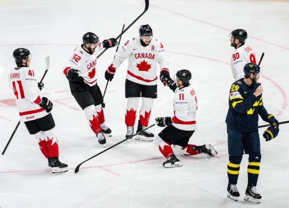 250520 Ryker Evans , MacKenzie Weegar , Nathan MacKinnon , Travis Konecny and Ryan O Reilly of Canada celebrate the 2 4 goal during the 2025 IIHF Ice Hockey World Championship group stage game between Sweden and Canada on May 20, 2025 in Stockholm Photo Simon Hastegard BILDBYRAN kod SH JM0689 ishockey ice hockey ishockey vm 2025 vm 2025 iihf world championship sverige sweden kanada canada bbeng gruppspel jubel  Copyright: SIMONxHASTEGARD BB250520SH072
