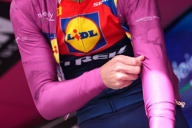 Pedersen Mads of Lidl-Trek cyclamin jersey on the podium during the stage 11 of the Giro d™Italia from Viareggio to Castelnovo ne Monti, Italy - Wednesday, May 21, 2025. - cycling.  Copyright: xGianxMattiaxD Alberto LaPressex