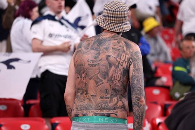 Bilbao, Spain, 21st May 2025. A Tottenham fan with tattoos covering his body during the Tottenham Hotspur vs Manchester United, ManU UEFA Europa League Final match at San Mames, Bilbao. Picture credit should read: David Klein Sportimage EDITORIAL USE ONLY. No use with unauthorised audio, video, data, fixture lists, club league logos or live services. Online in-match use limited to 120 images, no video emulation. No use in betting, games or single club league player publications. SPI_040_DK_Tottenham_Man_Utd SPI-3943-0040