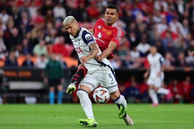 Casemiro of Manchester United, ManU and Richarlison de Andrade of Tottenham Hotspurduring the 2024 2025 Europa League Final football match between Tottenham Hotspur and Manchester United at San Mames stadium in Bilbao (Spain), May 21st, 2025. CesarexPurini