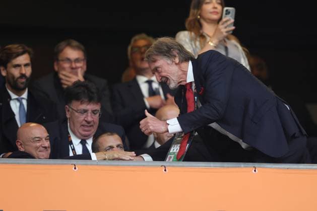 Bilbao, Spain, 21st May 2025. Fifa President Gianni Infantino shakes hands with Jim Ratcliffe during the Tottenham Hotspur vs Manchester United, ManU UEFA Europa League Final match at San Mames, Bilbao. Picture credit should read: David Klein Sportimage EDITORIAL USE ONLY. No use with unauthorised audio, video, data, fixture lists, club league logos or live services. Online in-match use limited to 120 images, no video emulation. No use in betting, games or single club league player publications. SPI_073_DK_Tottenham_Man_Utd SPI-3943-0073