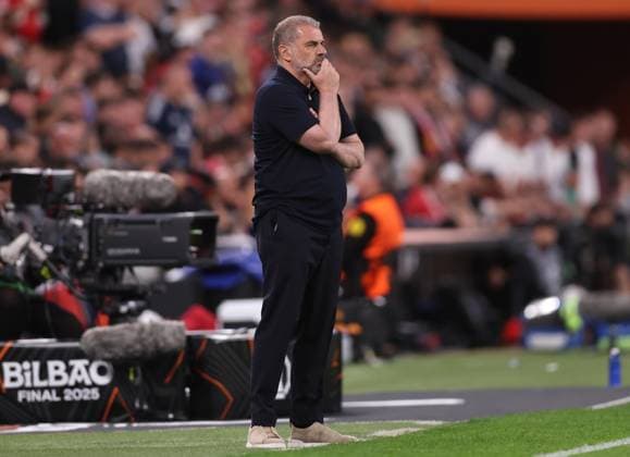 Bilbao, Spain, 21st May 2025. Ange Postecoglou coach of Tottenham during the Tottenham Hotspur vs Manchester United, ManU UEFA Europa League Final match at San Mames, Bilbao. Picture credit should read: David Klein Sportimage EDITORIAL USE ONLY. No use with unauthorised audio, video, data, fixture lists, club league logos or live services. Online in-match use limited to 120 images, no video emulation. No use in betting, games or single club league player publications. SPI_077_DK_Tottenham_Man_Utd SPI-3943-0077