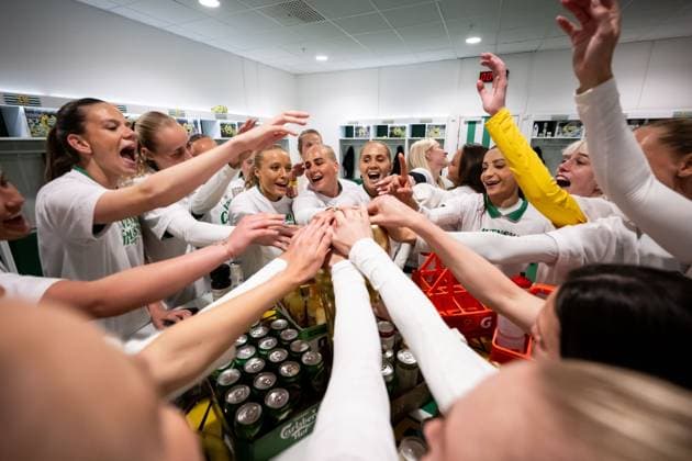 250521 Hammarbys players cheer in the dressing room after the final of the Swedish Cup between Hammarby and IFK Norrköping on May 21, 2025 in Stockholm  Copyright: MAXIMxTHORE BB250521MT129