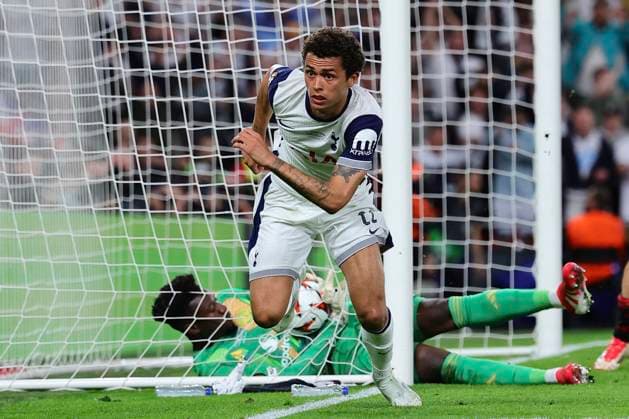 Brennan Johnson of Tottenham Hotspur celebrates after scoring the goal of 1-0 during the 2024 2025 Europa League Final football match between Tottenham Hotspur and Manchester United, ManU at San Mames stadium in Bilbao (Spain), May 21st, 2025. CesarexPurini