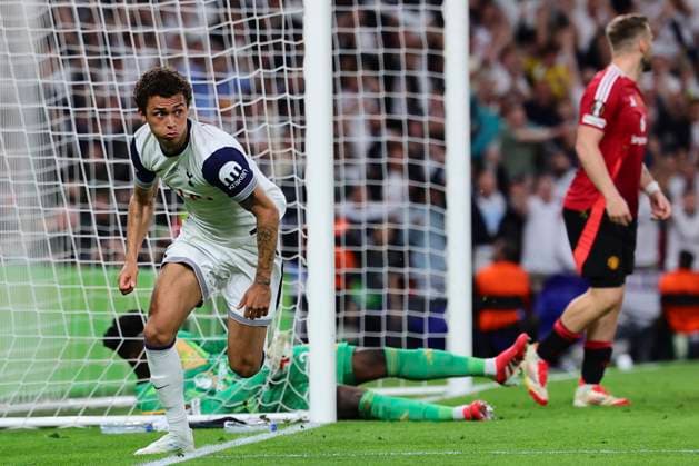 Brennan Johnson of Tottenham Hotspur celebrates after scoring the goal of 1-0 during the 2024 2025 Europa League Final football match between Tottenham Hotspur and Manchester United, ManU at San Mames stadium in Bilbao (Spain), May 21st, 2025. CesarexPurini