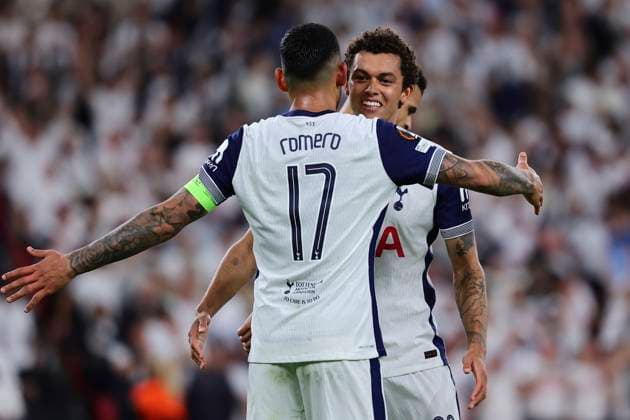 Brennan Johnson of Tottenham Hotspur celebrates with Cristian Romero after scoring the goal of 1-0 during the 2024 2025 Europa League Final football match between Tottenham Hotspur and Manchester United, ManU at San Mames stadium in Bilbao (Spain), May 21st, 2025. CesarexPurini