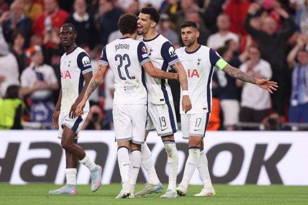 Bilbao, Spain, 21st May 2025. Brennan Johnson of Tottenham celebrates after scoring to make it 1-0 during the Tottenham Hotspur vs Manchester United, ManU UEFA Europa League Final match at San Mames, Bilbao. Picture credit should read: David Klein Sportimage EDITORIAL USE ONLY. No use with unauthorised audio, video, data, fixture lists, club league logos or live services. Online in-match use limited to 120 images, no video emulation. No use in betting, games or single club league player publications. SPI_120_DK_Tottenham_Man_Utd SPI-3943-0120