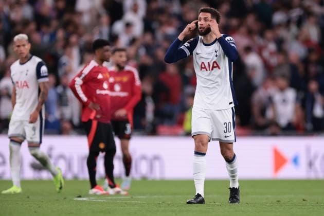 Bilbao, Spain, 21st May 2025. Rodrigo Bentancur of Tottenham Hotspur FC reacts after team Brennan Johnson scored to give the side a 1-0 lead during the Tottenham Hotspur vs Manchester United, ManU UEFA Europa League Final match at San Mames, Bilbao. Picture credit should read: Jonathan Moscrop Sportimage EDITORIAL USE ONLY. No use with unauthorised audio, video, data, fixture lists, club league logos or live services. Online in-match use limited to 120 images, no video emulation. No use in betting, games or single club league player publications. SPI_006_JM_TOTTENHAM_MANUTD_UEL_ SPI-3950-0006