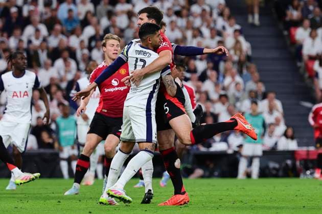 Cristian Romero of Tottenham Hotspur and Harry Maguire of Manchester Unitedduring the 2024 2025 Europa League Final football match between Tottenham Hotspur and Manchester United, ManU at San Mames stadium in Bilbao (Spain), May 21st, 2025. CesarexPurini