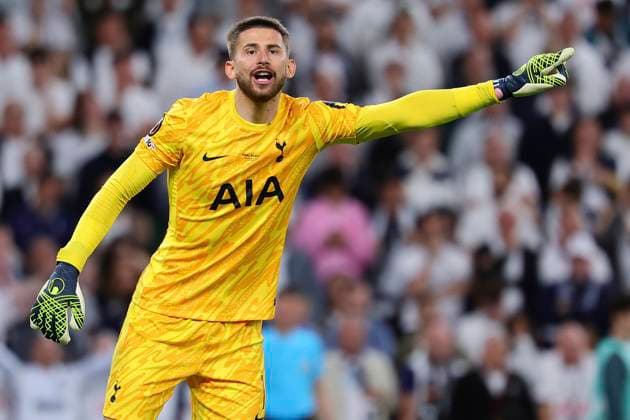 Guglielmo Vicario of Tottenham Hotspur gestures during the 2024 2025 Europa League Final football match between Tottenham Hotspur and Manchester United, ManU at San Mames stadium in Bilbao (Spain), May 21st, 2025. CesarexPurini