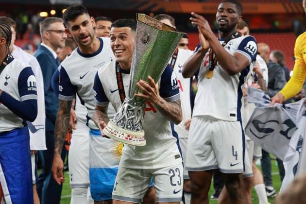 Pedro Porro of Tottenham Hotspur lifts the trophy as he celebrates after the 2024 2025 Europa League Final football match between Tottenham Hotspur and Manchester United, ManU at San Mames stadium in Bilbao (Spain), May 21st, 2025. CesarexPurini