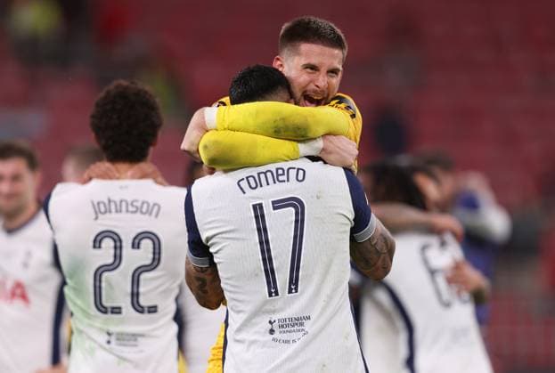 Bilbao, Spain, 21st May 2025. Guglielmo Vicario of Tottenham celebrates with Cristian Romero of Tottenham after the Tottenham Hotspur vs Manchester United, ManU UEFA Europa League Final match at San Mames, Bilbao. Picture credit should read: David Klein Sportimage EDITORIAL USE ONLY. No use with unauthorised audio, video, data, fixture lists, club league logos or live services. Online in-match use limited to 120 images, no video emulation. No use in betting, games or single club league player publications. SPI_245_DK_Tottenham_Man_Utd SPI-3943-0248