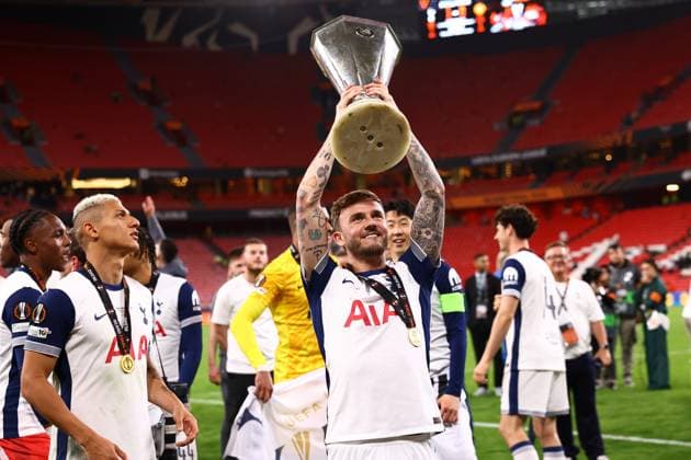 Bilbao, Spain, 21st May 2025. James Maddison of Tottenham with the trophy after his team win during the Tottenham Hotspur vs Manchester United, ManU UEFA Europa League Final match at San Mames, Bilbao. Picture credit should read: David Klein Sportimage EDITORIAL USE ONLY. No use with unauthorised audio, video, data, fixture lists, club league logos or live services. Online in-match use limited to 120 images, no video emulation. No use in betting, games or single club league player publications. SPI_262_DK_Tottenham_Man_Utd SPI-3943-0265