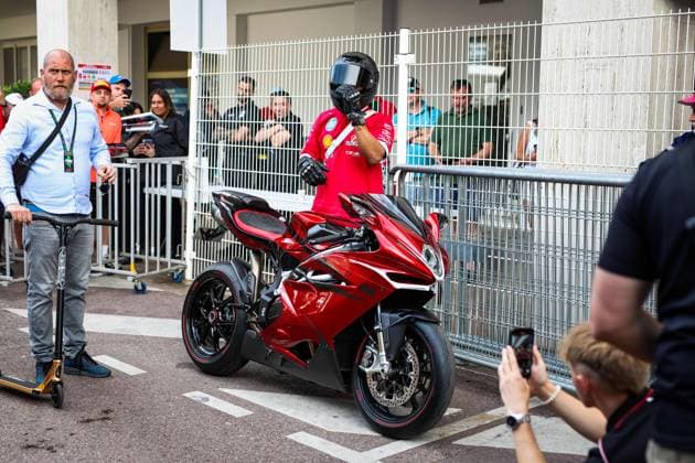 F1 - MONACO GRAND PRIX 2025 HAMILTON Lewis (gbr), Scuderia Ferrari SF-25, riding his motorbike MV Agusta F4 LH44 during the Formula 1 Tag Heuer Grand Prix de Monaco, 8th round of the 2025 FIA Formula One World Championship, WM, Weltmeisterschaft from May 23 to 25, 2025 on the Circuit de Monaco, in Monte-Carlo, Monaco - Monte-CarloMonaco  Copyright: xDPPIx