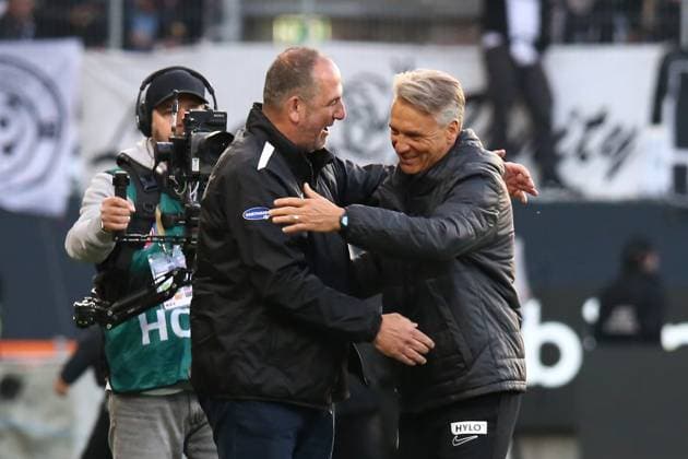 22 05 2025, xmohx, Soccer 1 Bundesliga Relegation, 1 FC Heidenheim SV Elversberg v l Trainer Frank Schmidt 1 FC Heidenheim Trainer Horst Steffen SV Elversberg DFL DFB REGULATIONS PROHIBIT ANY USE OF PHOTOGRAPHS as IMAGE SEQUENCES and or QUASI VIDEO Heidenheim
