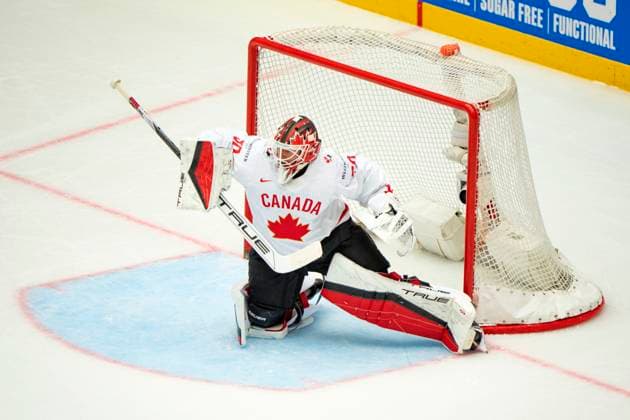 Denmark IIHF Hockey Worlds Canada vs Denmark Goalkeeper Jordan Binnington, Canada in action during the quarter final match between Canada and Denmark at the IIHF Ice Hockey World Championships in Herning, Denmark, Thursday May 22, 2025 , Herning Denmark Mors  Copyright: BoxAmrstrupx xRitzauxScanpix BoxAmstrupx spdk20250522-205905-L