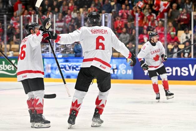 ODENSE, DENMARK MAY 22 Travis Sanheim of Canada celebrate his goal during the 2025 Ice Hockey World Championship match between Canada and Denmark at Jyske Bank Arena on May 22, 2025 in Odense, Denmark Odense Jyske Bank Arena Denmark Copyright: xJustPictures.ch AndreaxBrancax jp-en-EuSpIm-AB_22052025_AAB_1993