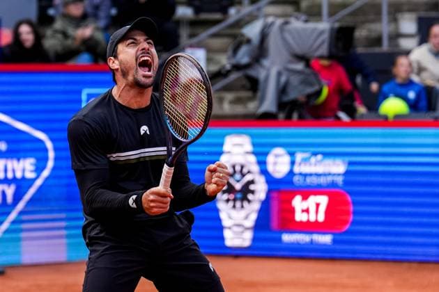 HAMBURG, GERMANY - MAY 23: Fernando Romboli of Brazil celebrates victory in his Men s Doubles Semi Final match with Andres Molteni of Argentina against Harri Heliovaara of Finland and Henry Patten of Great Britain during Day Seven of the Bitpanda Hamburg Open at Am Rothenbaum on May 23, 2025 in Hamburg, Germany. (Photo by Rene Nijhuis) SPO  Copyright: xRenexNijhuis