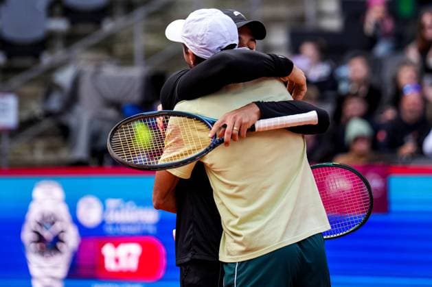 HAMBURG, GERMANY - MAY 23: Fernando Romboli of Brazil and Andres Molteni of Argentina celebrate victory after their Men s Doubles Semi Final match against Harri Heliovaara of Finland and Henry Patten of Great Britain during Day Seven of the Bitpanda Hamburg Open at Am Rothenbaum on May 23, 2025 in Hamburg, Germany. (Photo by Rene Nijhuis) SPO  Copyright: xRenexNijhuis