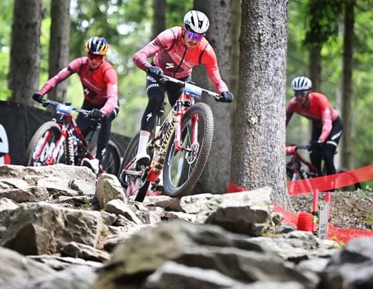 From left Martin Vidaurre Kossmann of Chile and Viktor Koretzky of France during the training for Mountain bike cross country World Cup event, Nove Mesto na Morave, Czech Republic, May 23, 2025. (CTKxPhoto LubosxPavlicek) CTKPhotoP2025052303946  CTKPhotoP2025052303946