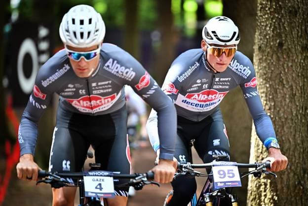 From left Samuel Gaze of New Zealand and Mathieu van der Poel of Netherlands during the training for Mountain bike cross country World Cup event, Nove Mesto na Morave, Czech Republic, May 23, 2025. (CTKxPhoto LubosxPavlicek) CTKPhotoP2025052303964  CTKPhotoP2025052303964