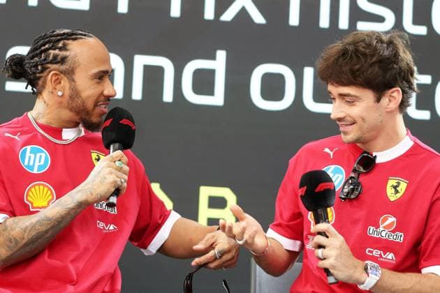 MGP Live PHOTOPQR NICE MATIN Dylan Meiffret ; Monaco ; 23 05 2025 ; 82e grand prix de Monaco, MGP Live dans la fan zone place d armes. ICI : Lewis Hamilton et Charles Leclerc (Ferrari) - F1 Grand Prix Of Monaco Monaco France  Copyright: xPHOTOPQR NICExMATIN MAXPPPxDylanxMeiffretx 20250523NIM0389 20250523NIM0389