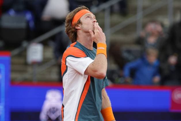 GER, Hamburg, xFSx , ATP 500 , Mens Tennis Tournament Bitpanda Hamburg Open 2025, Semifinals , Mens Singles , 23 05 2025 Andrey Rublev RUS Winner fist, cheer, make the cross thank God Copyright: HMBxMedia FernandoxSoares
