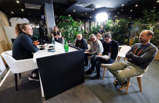 Belgian Elise Mertens pictured during a press conference, PK, Pressekonferenz of Mertens at the Roland Garros French Open tennis tournament, in Paris, France, Saturday 24 May 2025. The Roland Garros Grand Slam takes place from 24 May to 8 June 2025. BENOITxDOPPAGNE  x125071087x