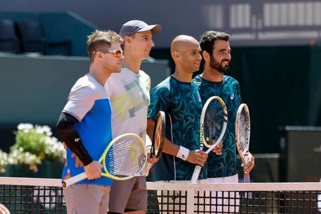 Ariel Behar URU , Joran Vliegen BEL , Sadio Doumbia FRA and Fabien Reboul FRA before the start of the match , Switzerland, Tennis, Gonet Geneva Open ATP 250 , Final Doubles,2025, Ariel Behar URU Joran Vliegen BEL vs Sadio Doumbia FRA Fabien Reboul FRA , 24 05 2025, Parc des Eaux Vives, Geneva, Switzerland Geneva Parc des Eaux Vives Geneva Switzerland Copyright: xGrantxHubbsx
