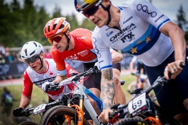 Czech Ondrej Cink (centre) competes during the short track during Mountain bike cross country World Cup event, Nove Mesto na Morave, Czech Republic, May 24, 2025. (CTKxPhoto JaroslavxSvoboda) CTKPhotoP2025052402542  CTKPhotoP2025052402542