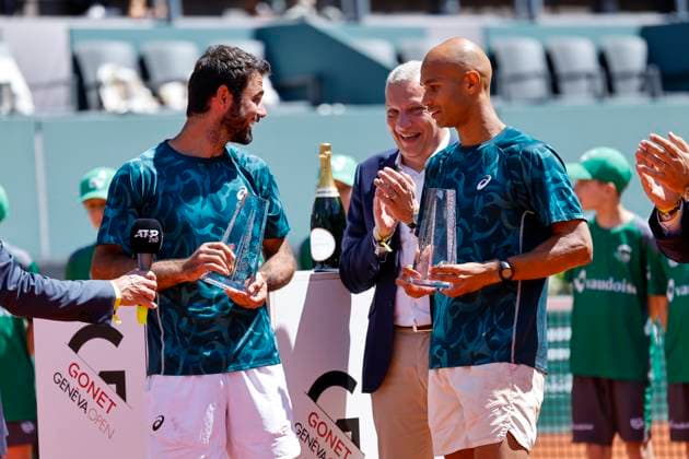 The winners, Winners, Fabien Reboul FRA and Sadio Doumbia FRA , Switzerland, Tennis, Gonet Geneva Open ATP 250 , Final Doubles,2025, Ariel Behar URU Joran Vliegen BEL vs Sadio Doumbia FRA Fabien Reboul FRA , 24 05 2025, Parc des Eaux Vives, Geneva, Switzerland Geneva Parc des Eaux Vives Geneva Switzerland Copyright: xGrantxHubbsx