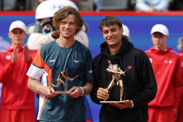 GER, Hamburg, xFSx , ATP 500 , Mens Tennis Tournament Bitpanda Hamburg Open 2025, Final Mens Singles , 24 05 2025 Andrey Rublev RUS , Flavio Cobolli ITA with trophies Copyright: HMBxMedia FernandoxSoares