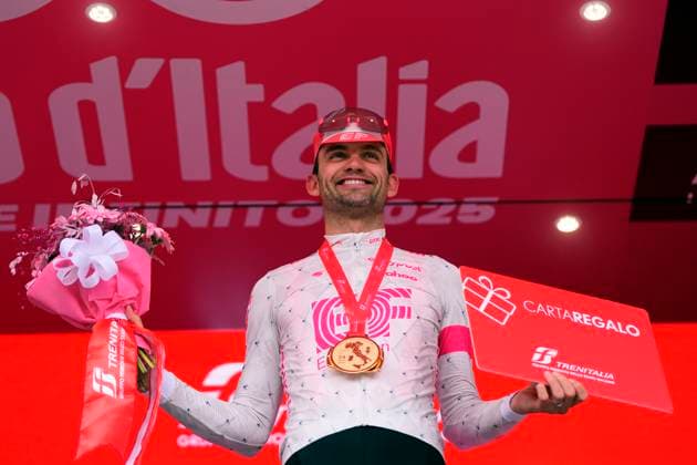 Asgreen Kasper of Ef Education - Easypost, celebrates his victory on the podium after winning the stage 14 of the Giro d™Italia from Treviso to Nova Gorica Gorizia, Slovenia - Saturday, May 24, 2025. - cycling.  Copyright: xFabioxFerrari LaPressex