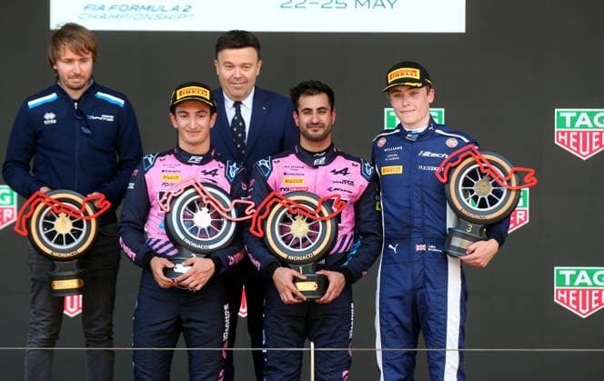 FORMULE 2 PODIUM COURSE SPRINT PHOTOPQR NICE MATIN Jean François Ottonello ; Monaco ; 24 05 2025 ; 82e Grand Prix de Monaco 2025 - FORMULE 2 PODIUM COURSE SPRINT - Vainqueur Kush Maini - Dams Lucas Oil Gabriele Mini, deuxieme - Prema Racing Luke Browning, troisieme - Hitech TGR - F1 Grand Prix Of Monaco Monaco France  Copyright: xPHOTOPQR NICExMATIN MAXPPPxJeanxFrançoisxOttonellox 20250524NIM3510 monaco 20250524NIM3510
