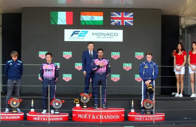 FORMULE 2 PODIUM COURSE SPRINT PHOTOPQR NICE MATIN Jean François Ottonello ; Monaco ; 24 05 2025 ; 82e Grand Prix de Monaco 2025 - FORMULE 2 PODIUM COURSE SPRINT - Vainqueur Kush Maini - Dams Lucas Oil Gabriele Mini, deuxieme - Prema Racing Luke Browning, troisieme - Hitech TGR - F1 Grand Prix Of Monaco Monaco France  Copyright: xPHOTOPQR NICExMATIN MAXPPPxJeanxFrançoisxOttonellox 20250524NIM3511 monaco 20250524NIM3511