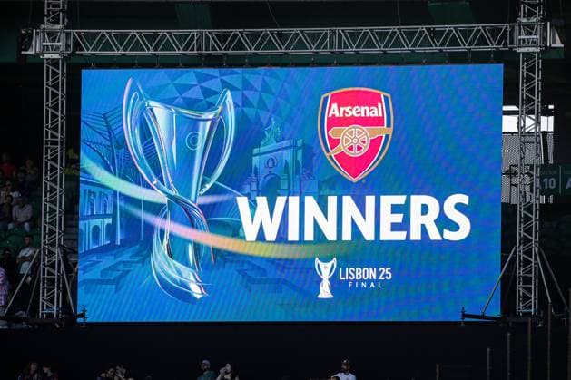 2025-05-24 FC Barcelona, Barca v Arsenal WFC - UEFA Women s Champions League Final LISBON, PORTUGAL - MAY 24: Arsenal Women FC win the UEFA Woman Champions League final during the UEFA Women s Champions League Final match between FC Barcelona and Arsenal WFC at Estadio Jose Alvalade on May 24, 2025 in Lisbon, Portugal. (Photo by Leiting Gao BSR Agency) Lisbon Portugal Content not available for redistribution in The Netherlands directly or indirectly through any third parties. Copyright: xBSRxAgencyx