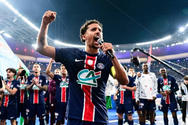FOOTBALL : PSG vs Reims - Finale Coupe de France - 24 05 2025 Marquinhos ( 5 - PSG ) and PSG players celebrate their side s victory after the French Cup Final match between Paris Saint Germain and Stade de Reims at Stade de France on May 24 , 2025 in Saint Denis, France. ( Photo by Dante Badano PsnewZ ) - Saint DenisFrance  Copyright: xx