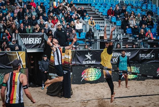 Beach Volleyball Men King Queen of the Court Hamburg 24 05 2025 Clemens Wickler attacks the ball Hamburg Active City Arena Hamburg Germany