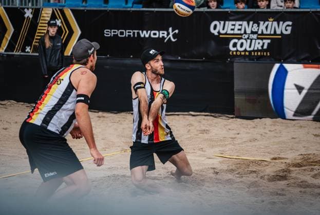Beach Volleyball Men King Queen of the Court Hamburg 24 05 2025 Clemens Wickler r takes the ball Hamburg Active City Arena Hamburg Germany