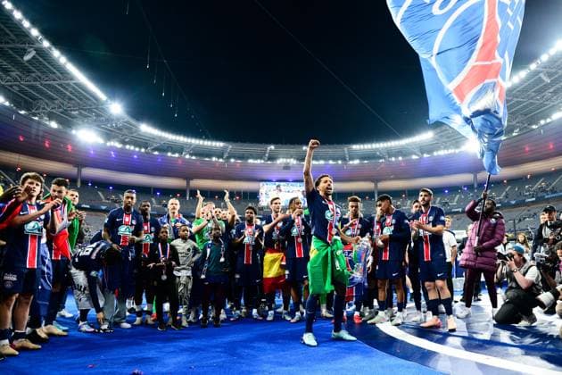 FOOTBALL : PSG vs Reims - Finale Coupe de France - 24 05 2025 PSG players celebrate their side s victory after the French Cup Final match between Paris Saint Germain and Stade de Reims at Stade de France on May 24 , 2025 in Saint Denis, France. ( Photo by Dante Badano PsnewZ ) - Saint DenisFrance  Copyright: xx